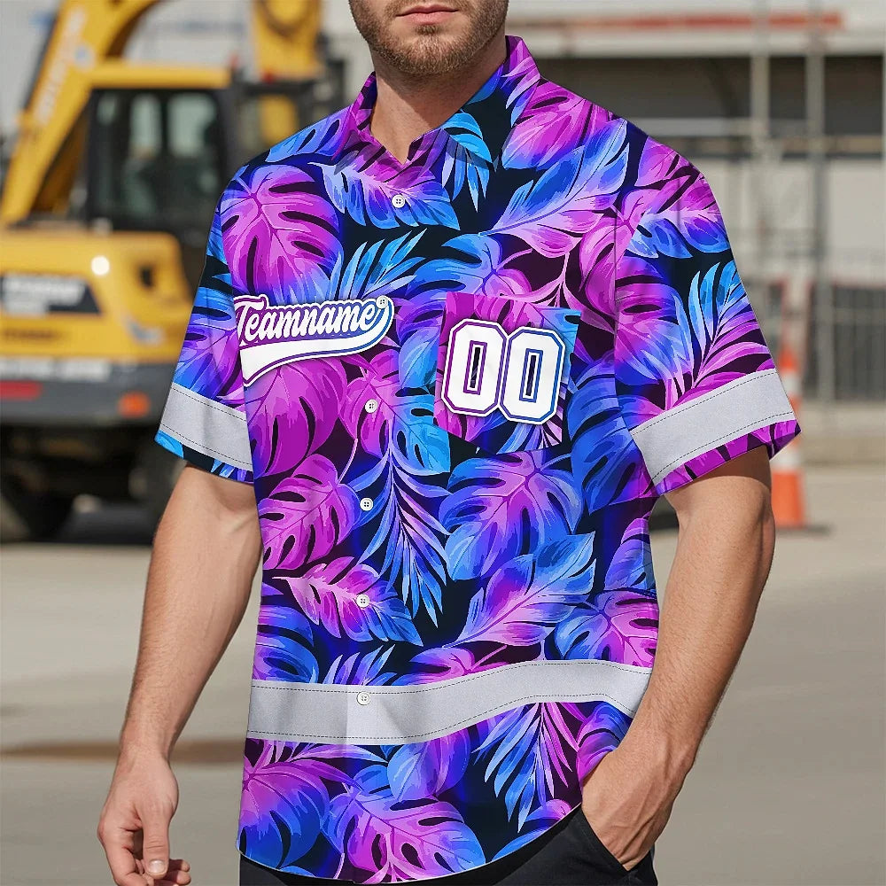 Hi Vis Team Hawaiian Shirt Reflective Tapes Pink Violet Custom Name And Number Safety Workwear For Workers, Truckers, Operators