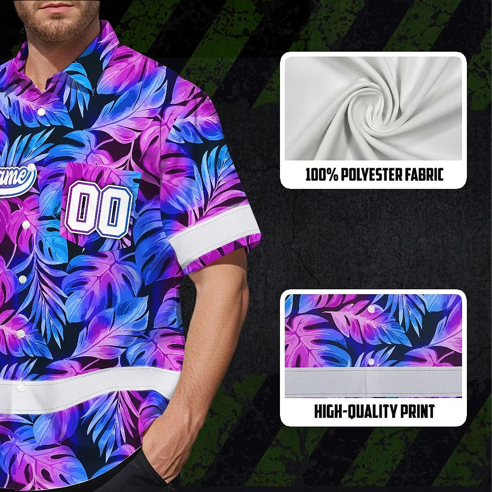 Hi Vis Team Hawaiian Shirt Reflective Tapes Pink Violet Custom Name And Number Safety Workwear For Workers, Truckers, Operators