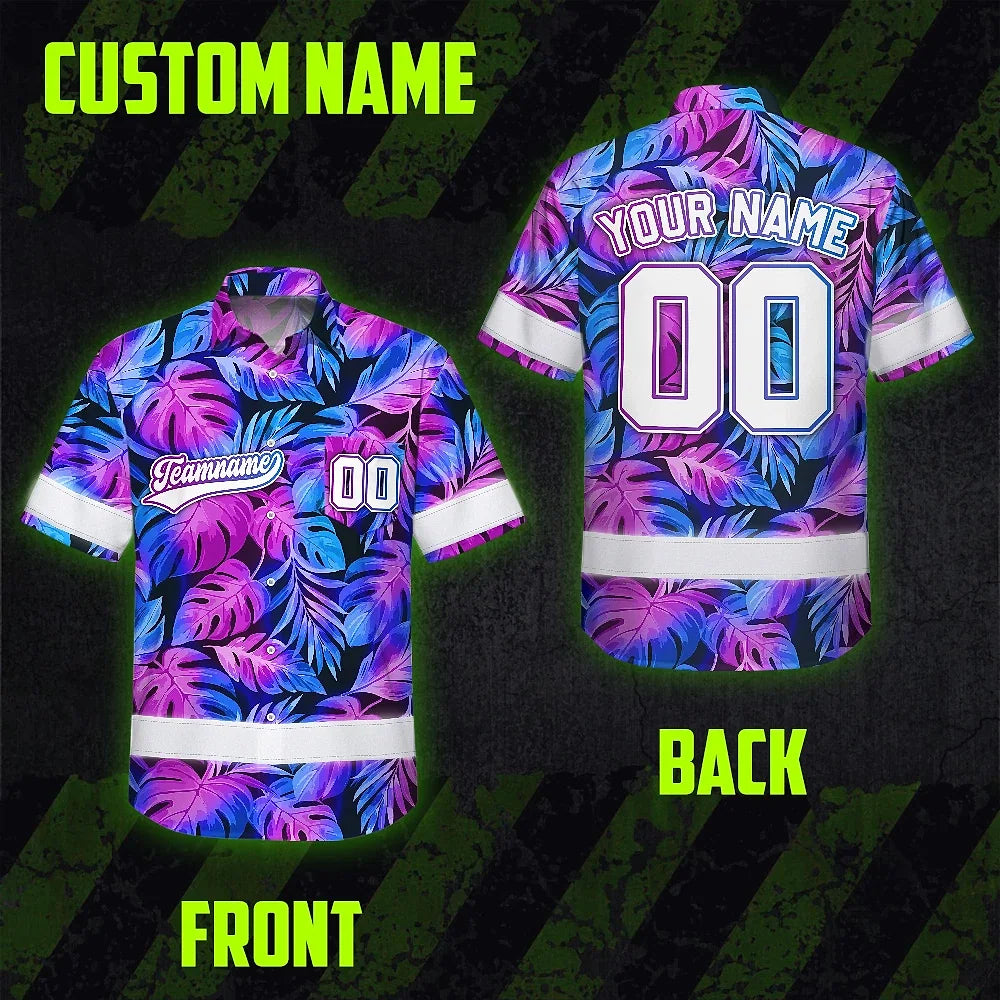 Hi Vis Team Hawaiian Shirt Reflective Tapes Pink Violet Custom Name And Number Safety Workwear For Workers, Truckers, Operators
