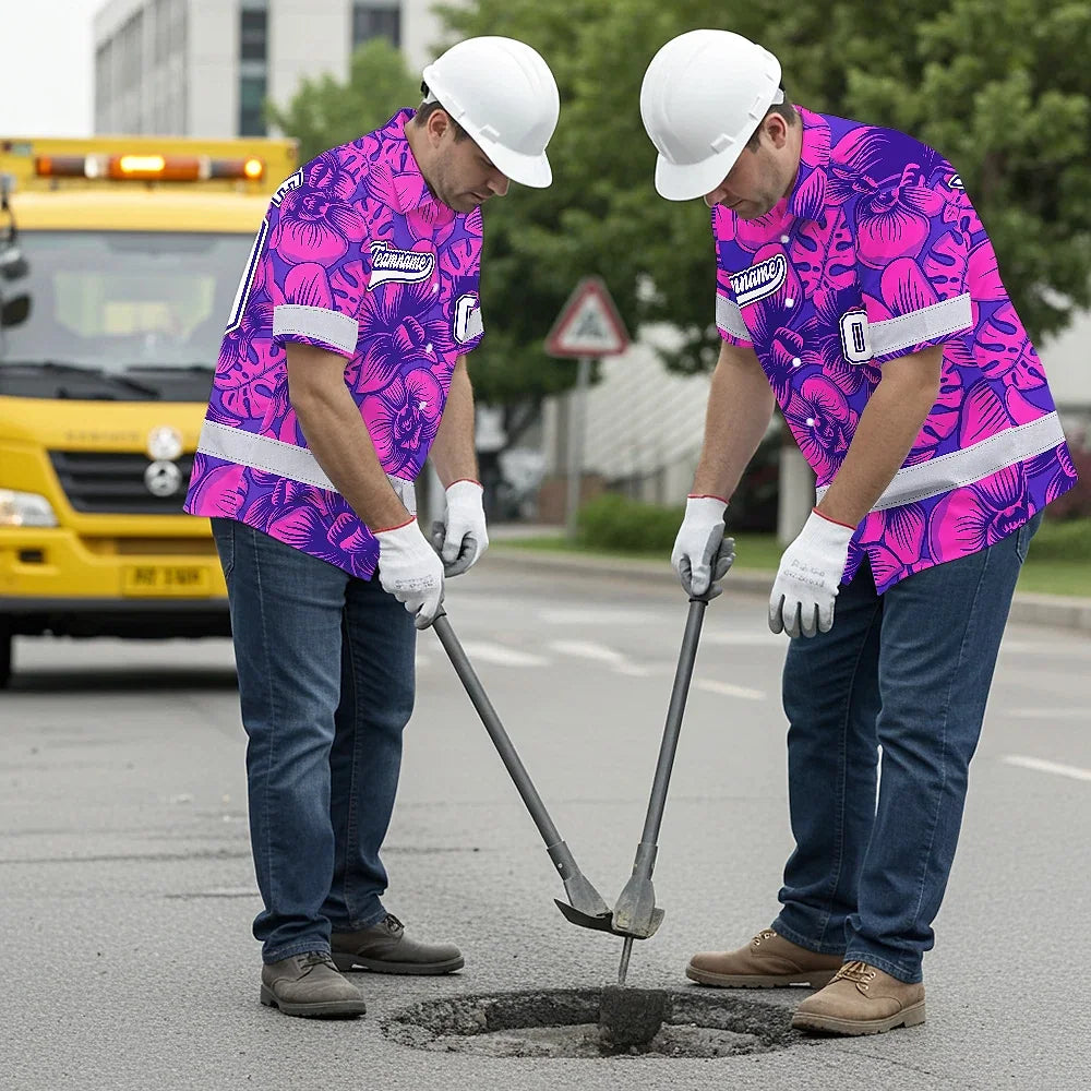 Hi Vis Team Hawaiian Shirt Reflective Tapes Pink Violet Orchid Custom Name And Number Safety Workwear For Baseball Team Workers, Truckers, Operators