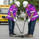 Hi Vis Team Hawaiian Shirt Reflective Tapes Pink Violet Orchid Custom Name And Number Safety Workwear For Baseball Team Workers, Truckers, Operators