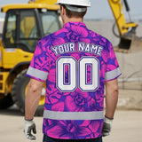 Hi Vis Team Hawaiian Shirt Reflective Tapes Pink Violet Orchid Custom Name And Number Safety Workwear For Baseball Team Workers, Truckers, Operators