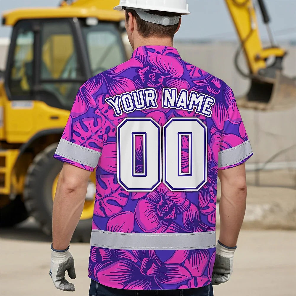 Hi Vis Team Hawaiian Shirt Reflective Tapes Pink Violet Orchid Custom Name And Number Safety Workwear For Baseball Team Workers, Truckers, Operators