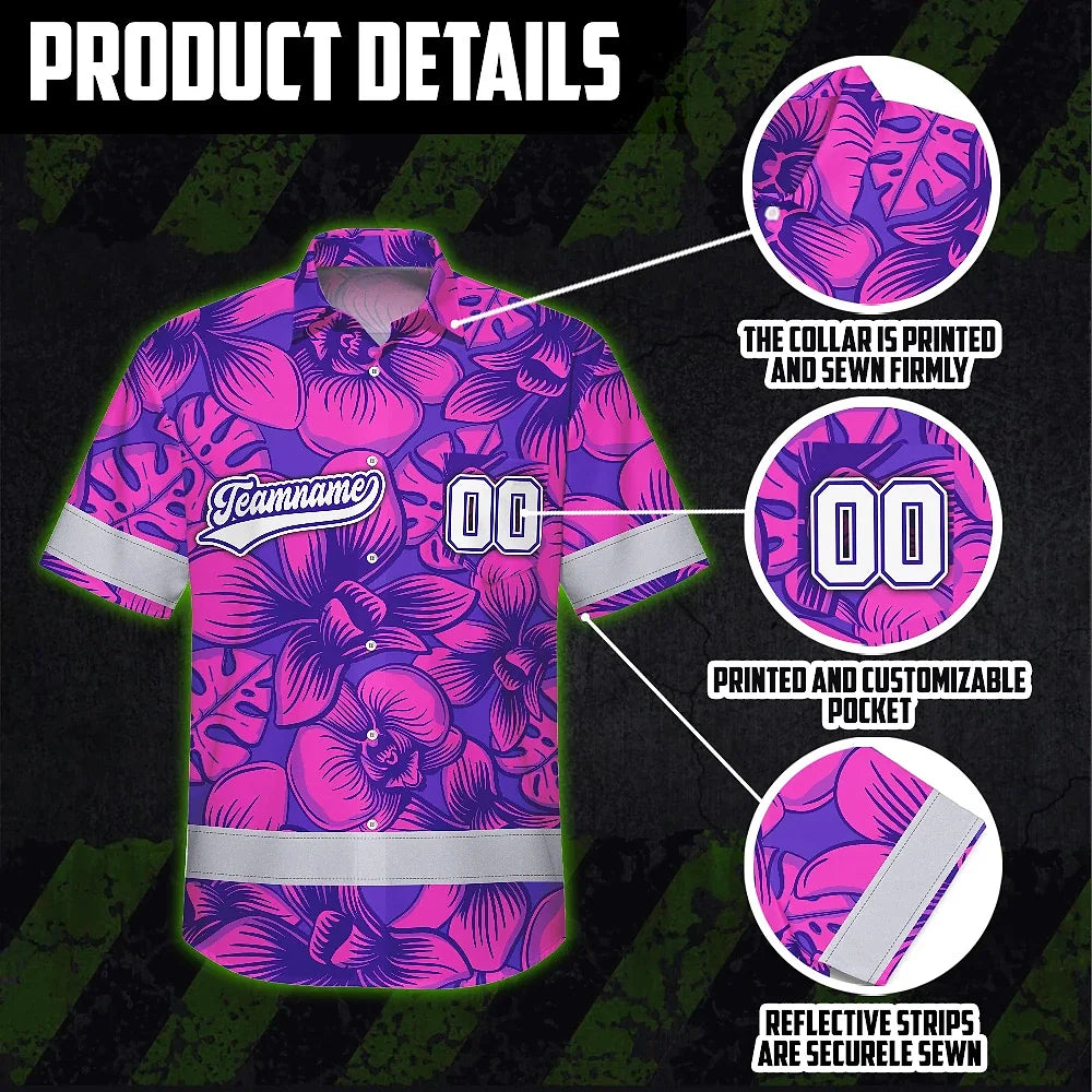 Hi Vis Team Hawaiian Shirt Reflective Tapes Pink Violet Orchid Custom Name And Number Safety Workwear For Baseball Team Workers, Truckers, Operators