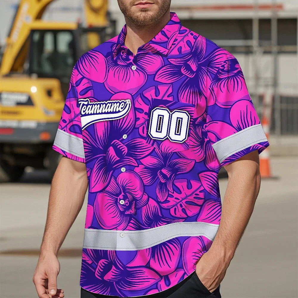 Hi Vis Team Hawaiian Shirt Reflective Tapes Pink Violet Orchid Custom Name And Number Safety Workwear For Baseball Team Workers, Truckers, Operators