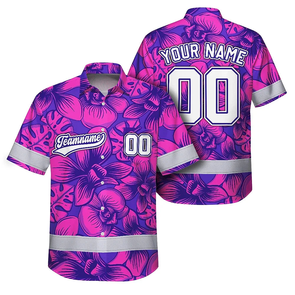 Hi Vis Team Hawaiian Shirt Reflective Tapes Pink Violet Orchid Custom Name And Number Safety Workwear For Baseball Team Workers, Truckers, Operators