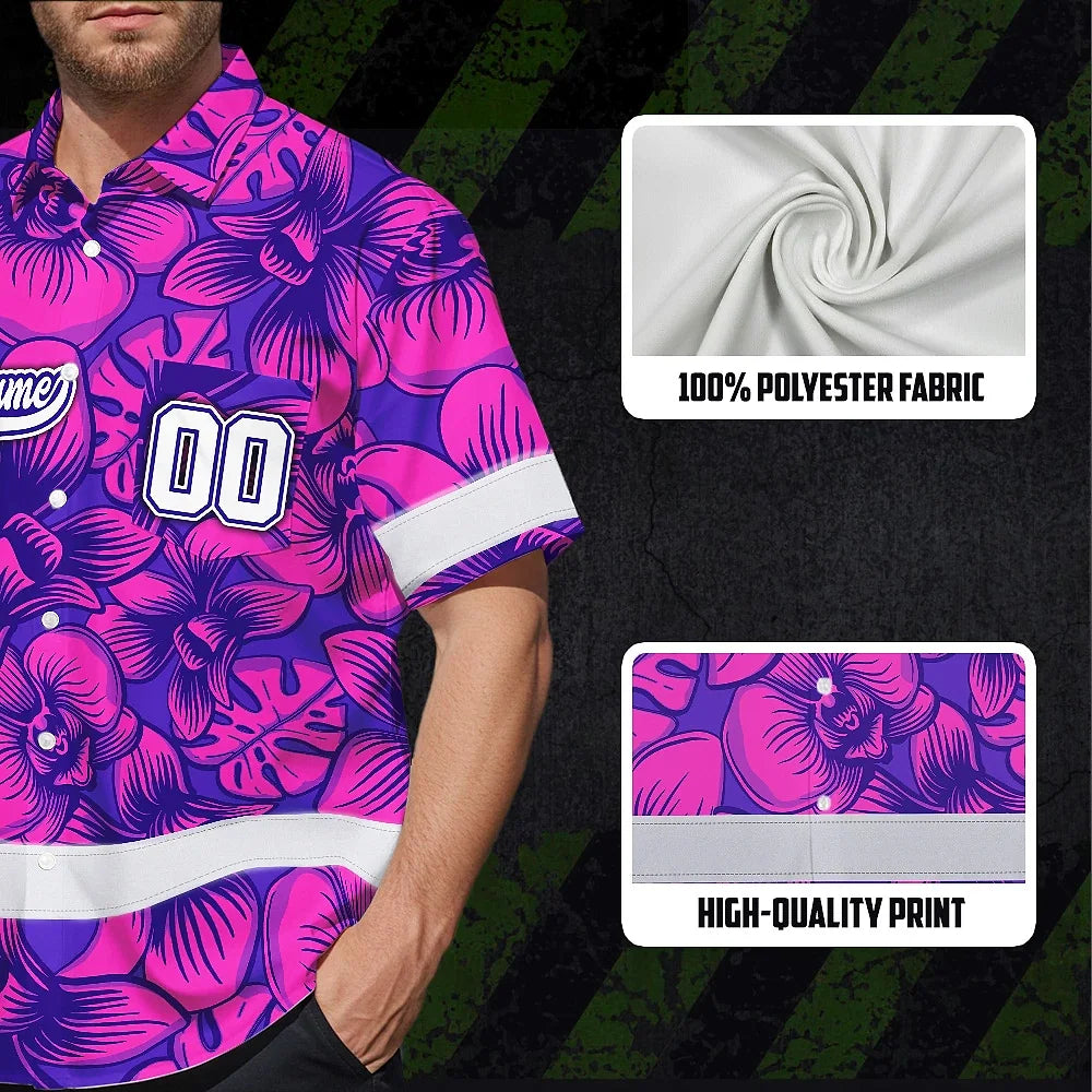 Hi Vis Team Hawaiian Shirt Reflective Tapes Pink Violet Orchid Custom Name And Number Safety Workwear For Baseball Team Workers, Truckers, Operators