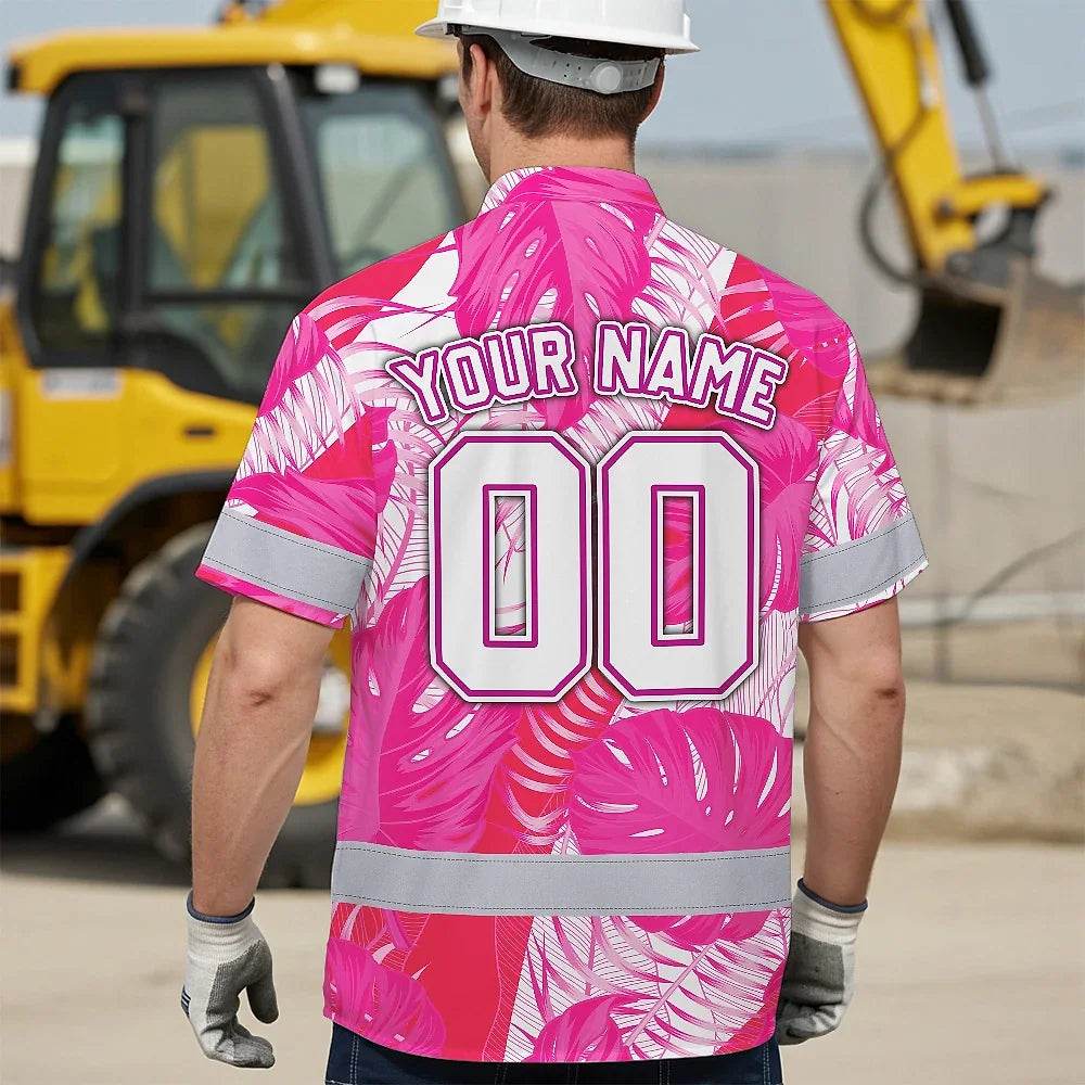 Hi Vis Team Hawaiian Shirt Reflective Tapes Pink White Flower Custom Name And Number Safety Workwear For Baseball Team Workers, Truckers, Operators