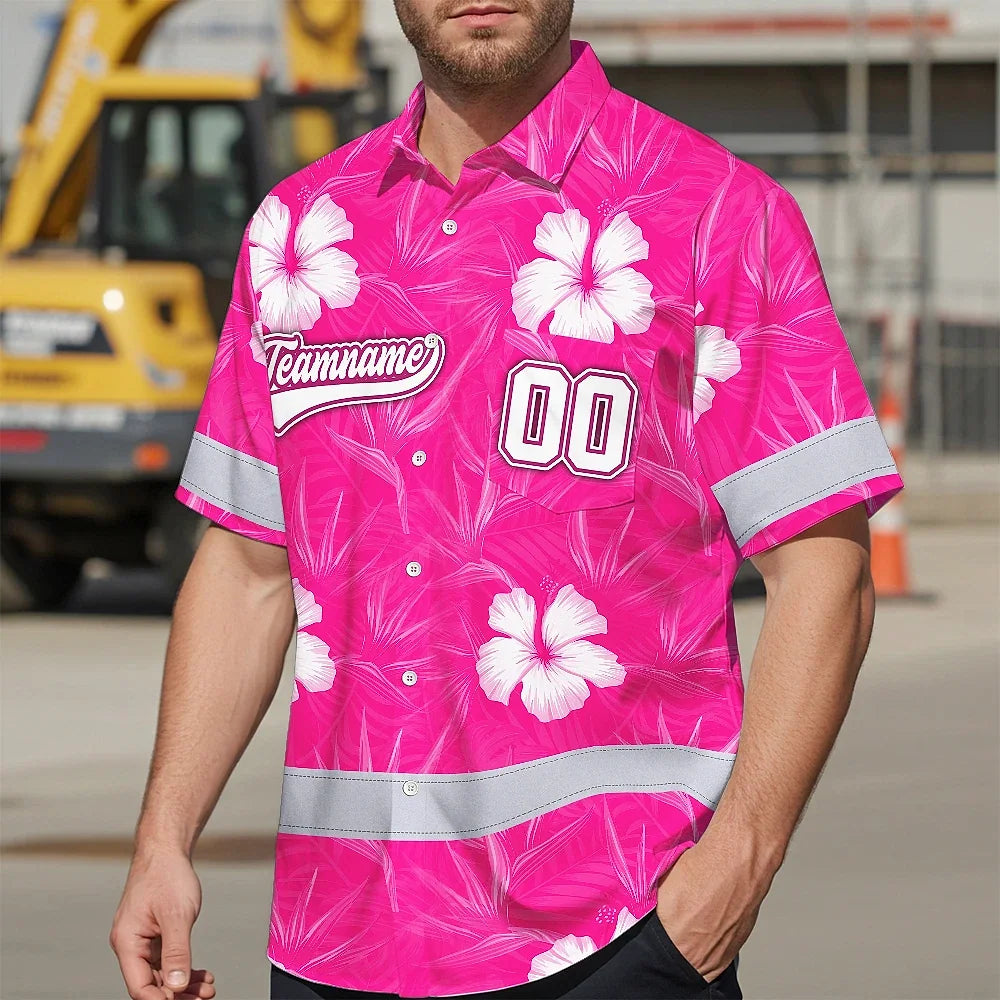 Hi Vis Team Hawaiian Shirt Reflective Tapes Pink White Flower Custom Name And Number Safety Workwear For Workers, Truckers, Operators