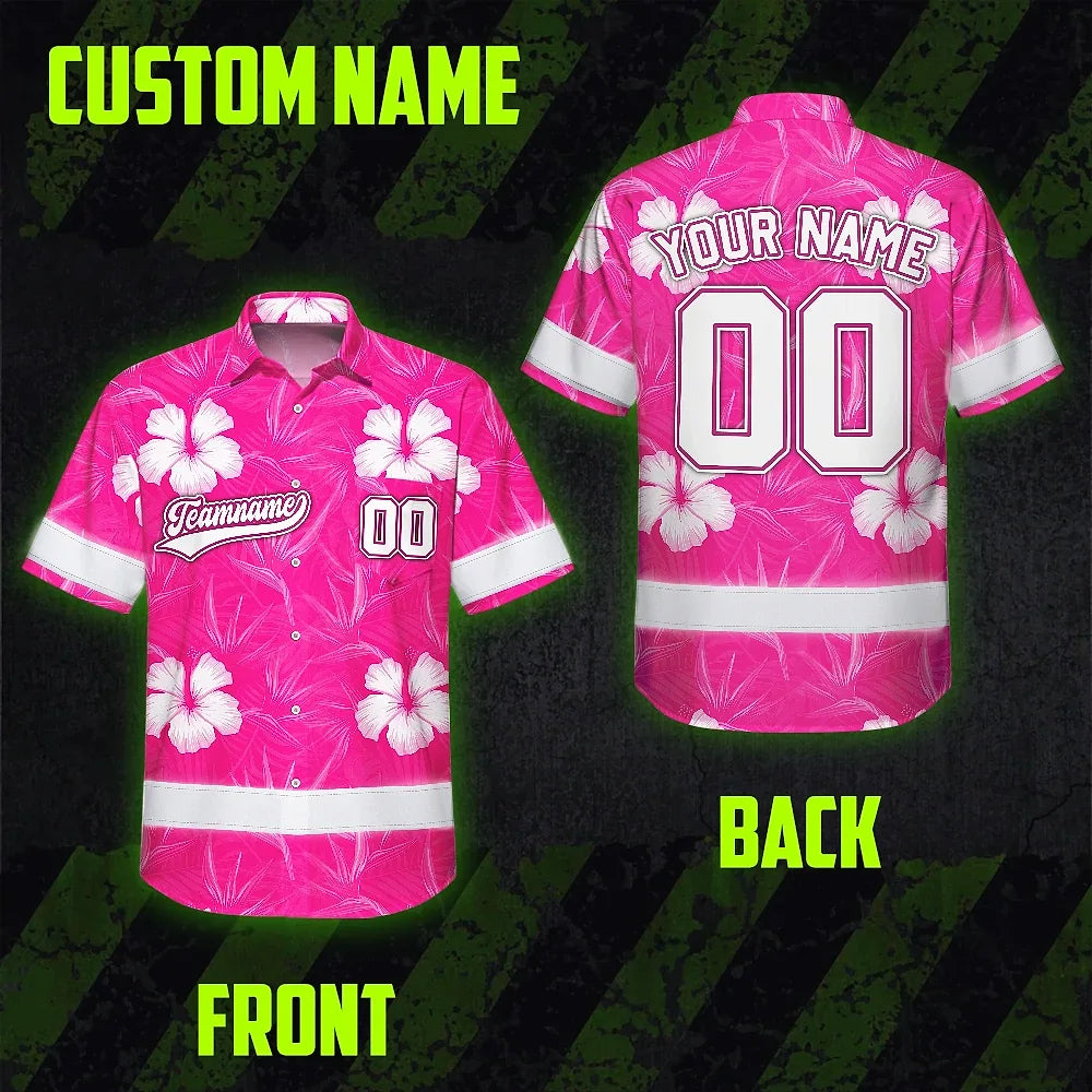 Hi Vis Team Hawaiian Shirt Reflective Tapes Pink White Flower Custom Name And Number Safety Workwear For Workers, Truckers, Operators