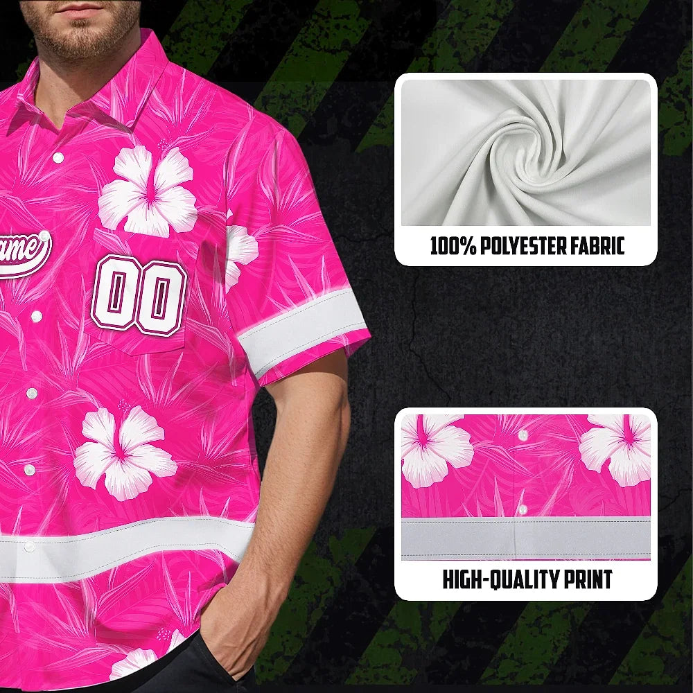 Hi Vis Team Hawaiian Shirt Reflective Tapes Pink White Flower Custom Name And Number Safety Workwear For Workers, Truckers, Operators
