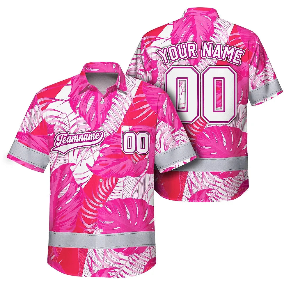 Hi Vis Team Hawaiian Shirt Reflective Tapes Pink White Flower Custom Name And Number Safety Workwear For Baseball Team Workers, Truckers, Operators