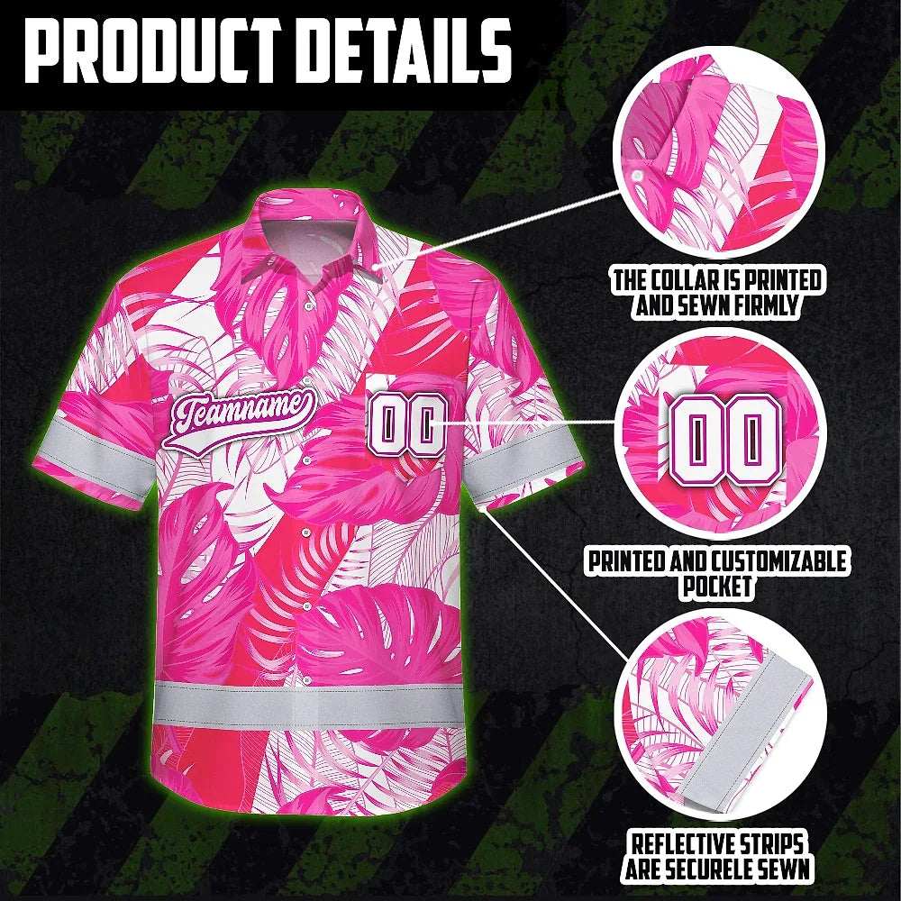Hi Vis Team Hawaiian Shirt Reflective Tapes Pink White Flower Custom Name And Number Safety Workwear For Baseball Team Workers, Truckers, Operators