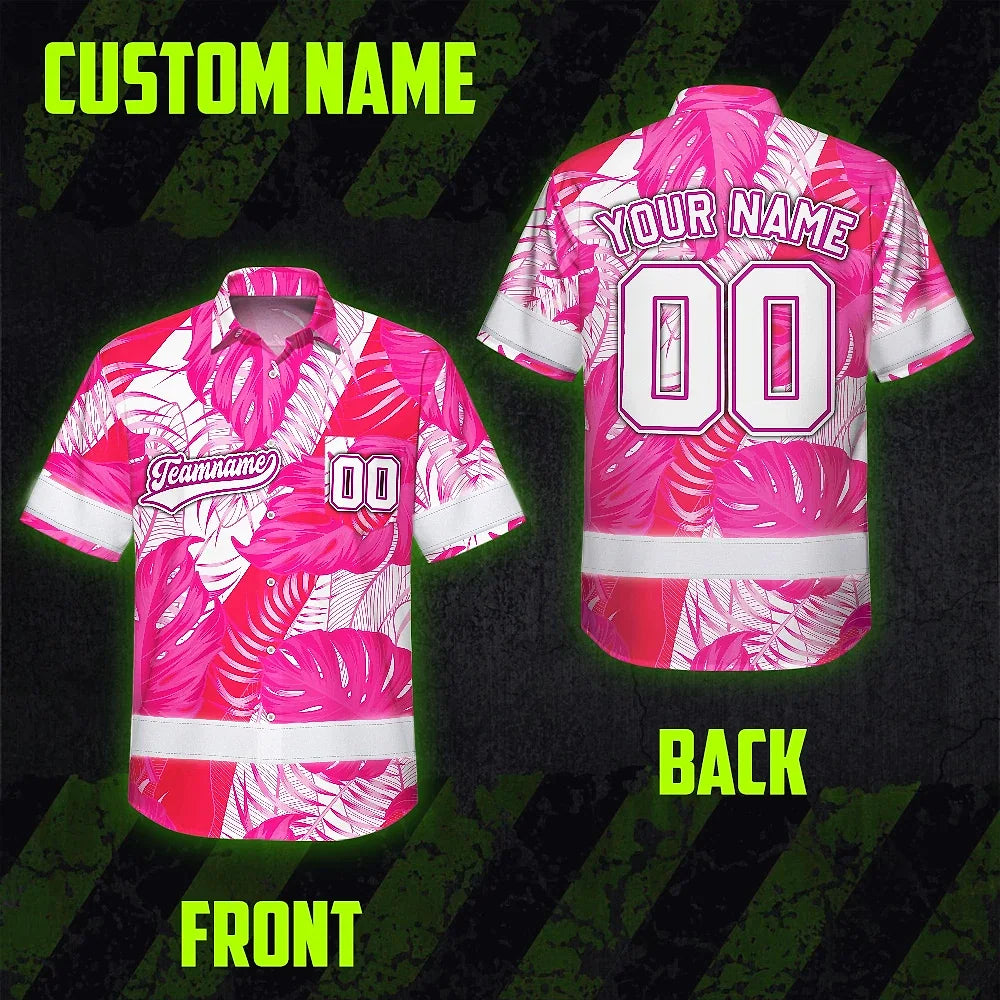 Hi Vis Team Hawaiian Shirt Reflective Tapes Pink White Flower Custom Name And Number Safety Workwear For Baseball Team Workers, Truckers, Operators