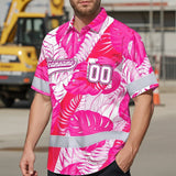 Hi Vis Team Hawaiian Shirt Reflective Tapes Pink White Flower Custom Name And Number Safety Workwear For Baseball Team Workers, Truckers, Operators