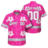 Hi Vis Team Hawaiian Shirt Reflective Tapes Pink White Flower Custom Name And Number Safety Workwear For Workers, Truckers, Operators