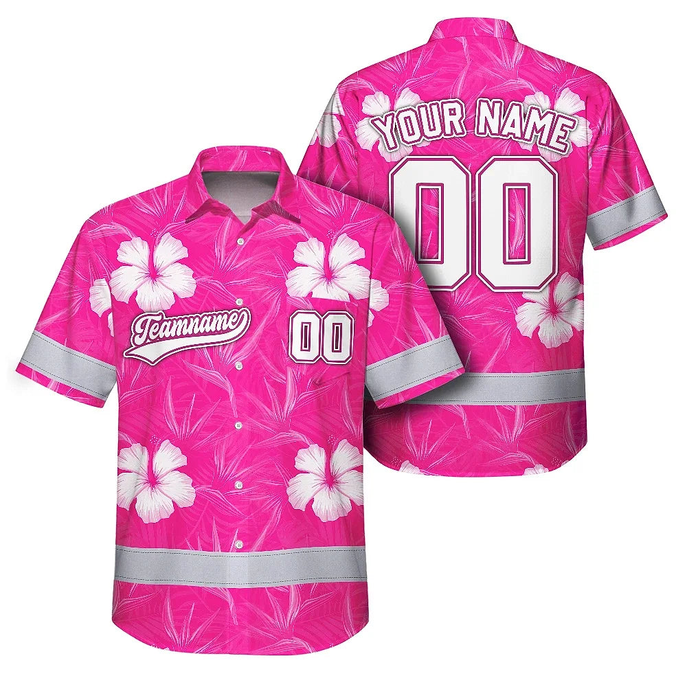 Hi Vis Team Hawaiian Shirt Reflective Tapes Pink White Flower Custom Name And Number Safety Workwear For Workers, Truckers, Operators