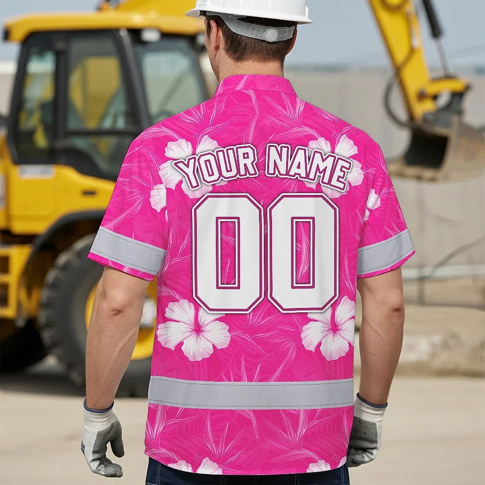 Hi Vis Team Hawaiian Shirt Reflective Tapes Pink White Flower Custom Name And Number Safety Workwear For Workers, Truckers, Operators