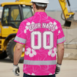 Hi Vis Team Hawaiian Shirt Reflective Tapes Pink White Flower Custom Name And Number Safety Workwear For Workers, Truckers, Operators