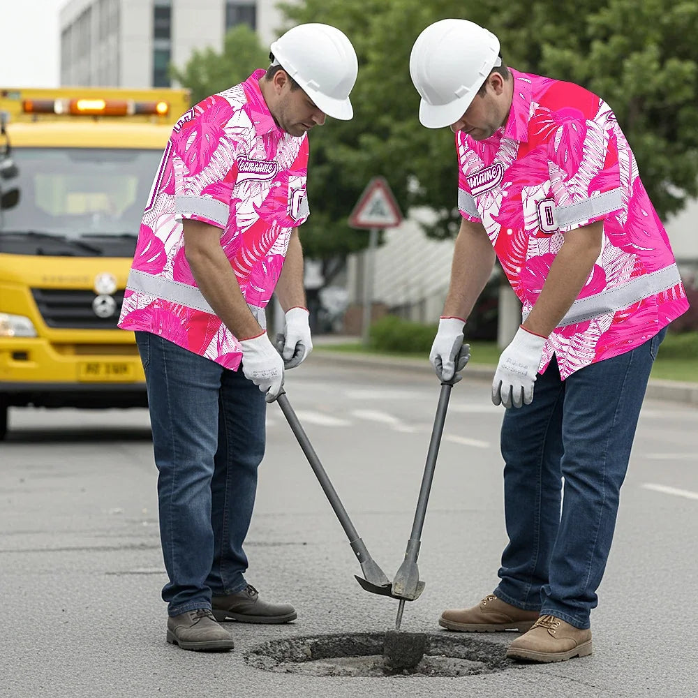 Hi Vis Team Hawaiian Shirt Reflective Tapes Pink White Flower Custom Name And Number Safety Workwear For Baseball Team Workers, Truckers, Operators