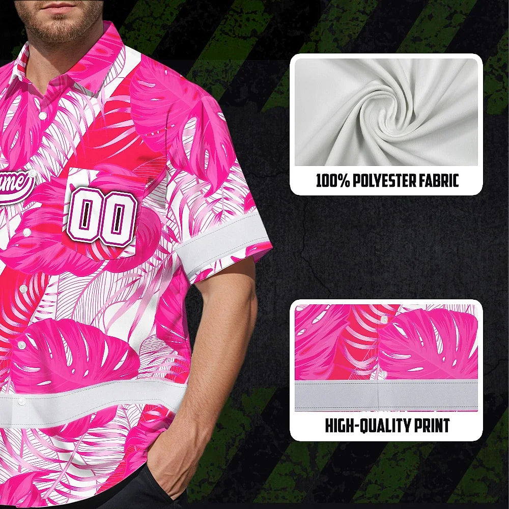 Hi Vis Team Hawaiian Shirt Reflective Tapes Pink White Flower Custom Name And Number Safety Workwear For Baseball Team Workers, Truckers, Operators