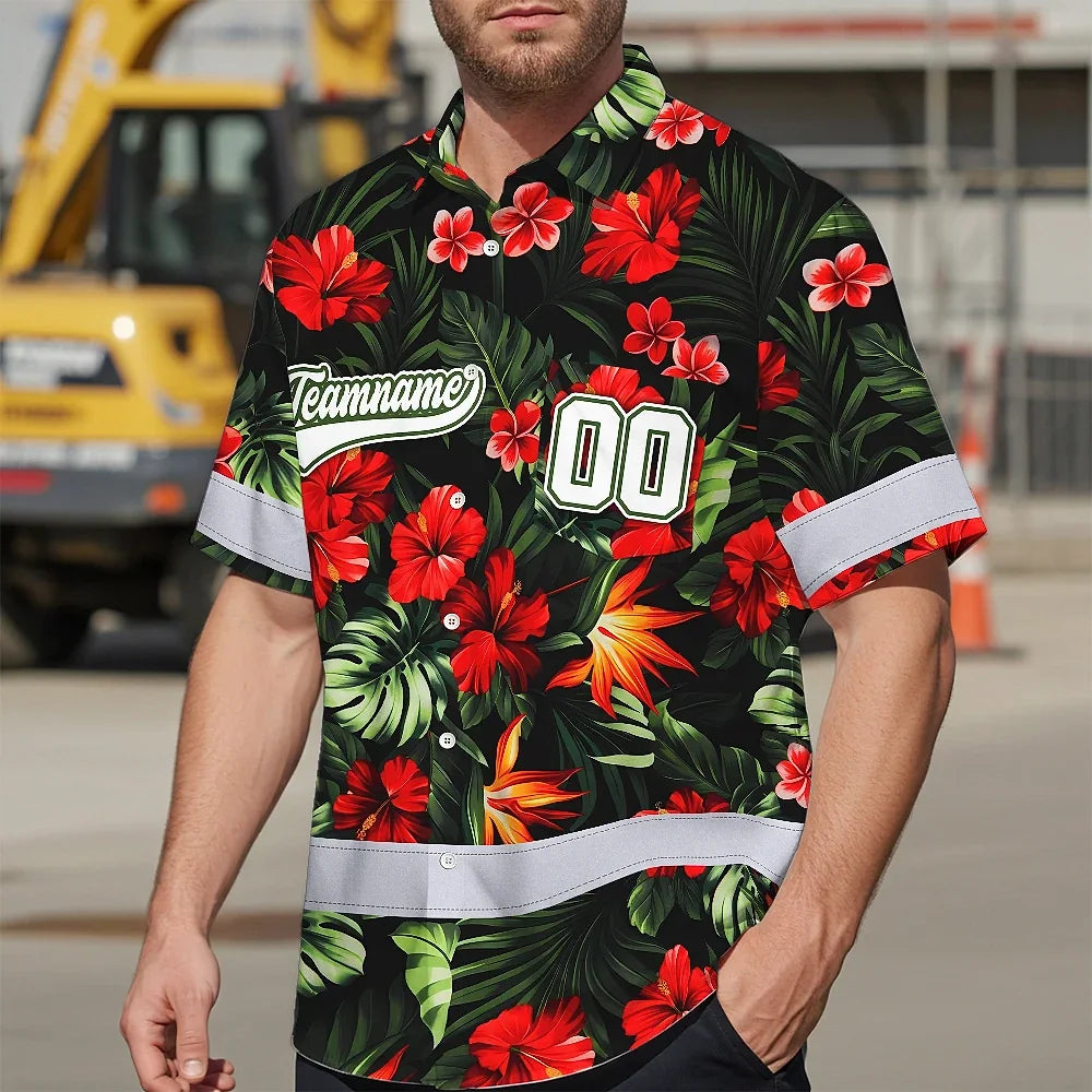 Hi Vis Team Hawaiian Shirt Reflective Tapes Red Flower Custom Name And Number Safety Workwear For Workers, Truckers, Operators