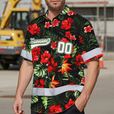 Hi Vis Team Hawaiian Shirt Reflective Tapes Red Flower Custom Name And Number Safety Workwear For Workers, Truckers, Operators