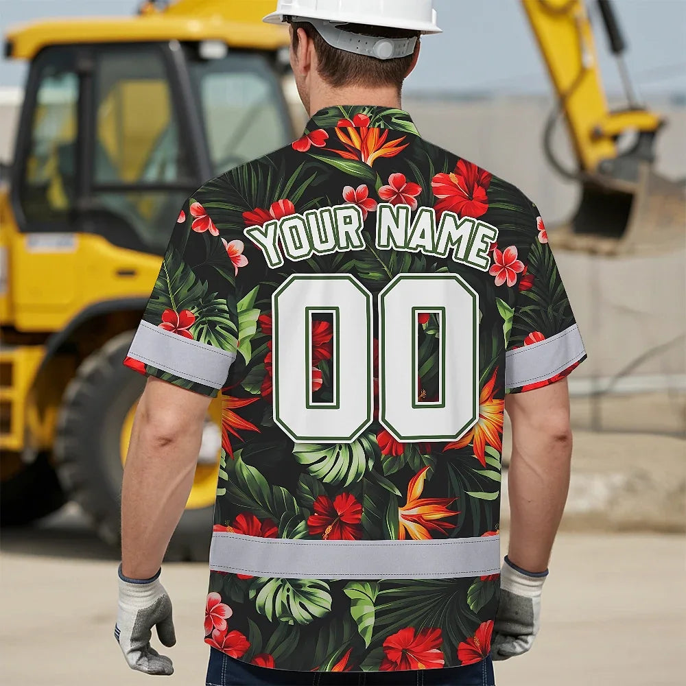 Hi Vis Team Hawaiian Shirt Reflective Tapes Red Flower Custom Name And Number Safety Workwear For Workers, Truckers, Operators