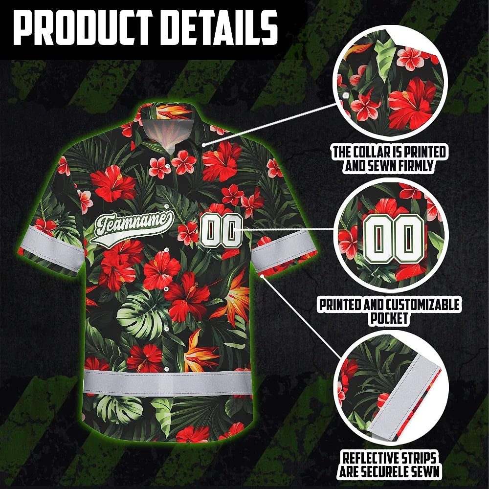 Hi Vis Team Hawaiian Shirt Reflective Tapes Red Flower Custom Name And Number Safety Workwear For Workers, Truckers, Operators