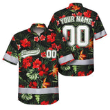 Hi Vis Team Hawaiian Shirt Reflective Tapes Red Flower Custom Name And Number Safety Workwear For Workers, Truckers, Operators