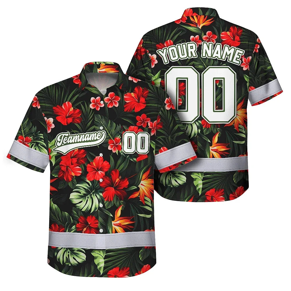 Hi Vis Team Hawaiian Shirt Reflective Tapes Red Flower Custom Name And Number Safety Workwear For Workers, Truckers, Operators