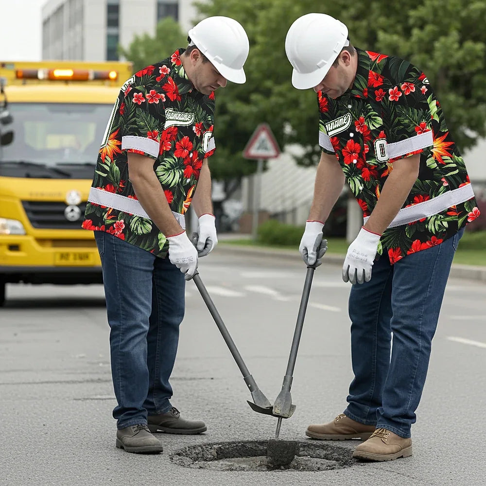 Hi Vis Team Hawaiian Shirt Reflective Tapes Red Flower Custom Name And Number Safety Workwear For Workers, Truckers, Operators