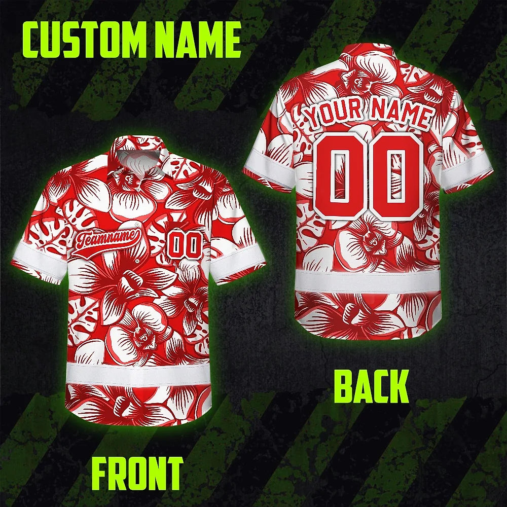 Hi Vis Team Hawaiian Shirt Reflective Tapes Red White Orchid Custom Name And Number Safety Workwear For Baseball Team Workers, Truckers, Operators