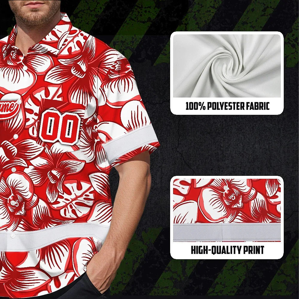 Hi Vis Team Hawaiian Shirt Reflective Tapes Red White Orchid Custom Name And Number Safety Workwear For Baseball Team Workers, Truckers, Operators