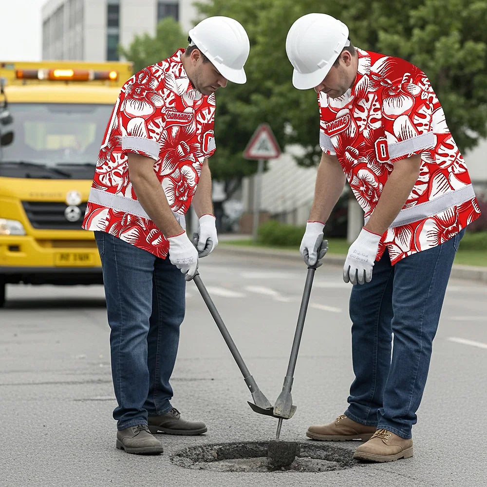 Hi Vis Team Hawaiian Shirt Reflective Tapes Red White Orchid Custom Name And Number Safety Workwear For Baseball Team Workers, Truckers, Operators