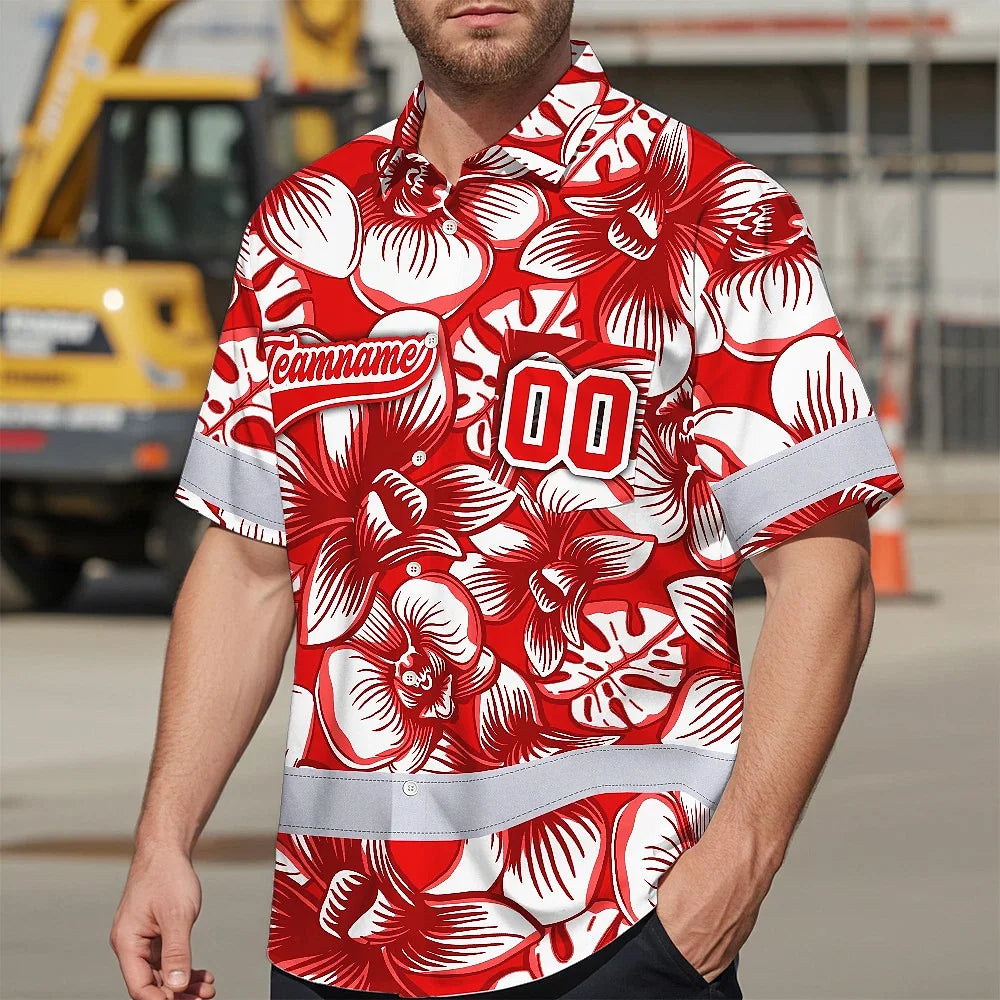 Hi Vis Team Hawaiian Shirt Reflective Tapes Red White Orchid Custom Name And Number Safety Workwear For Baseball Team Workers, Truckers, Operators