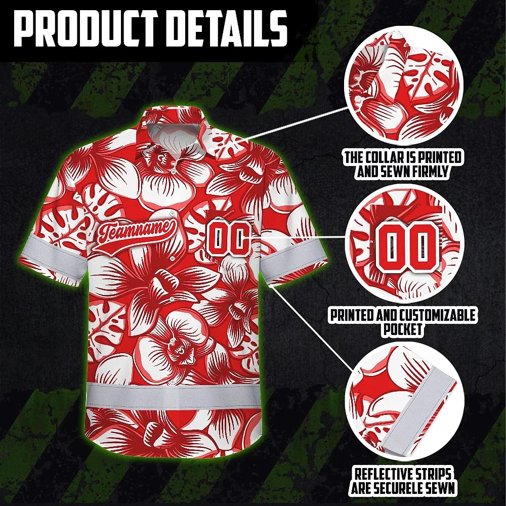 Hi Vis Team Hawaiian Shirt Reflective Tapes Red White Orchid Custom Name And Number Safety Workwear For Baseball Team Workers, Truckers, Operators