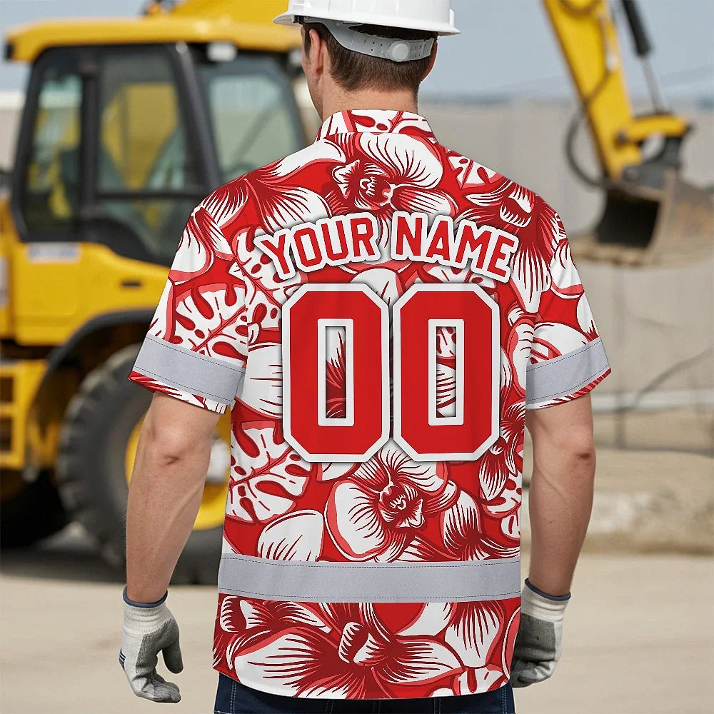 Hi Vis Team Hawaiian Shirt Reflective Tapes Red White Orchid Custom Name And Number Safety Workwear For Baseball Team Workers, Truckers, Operators