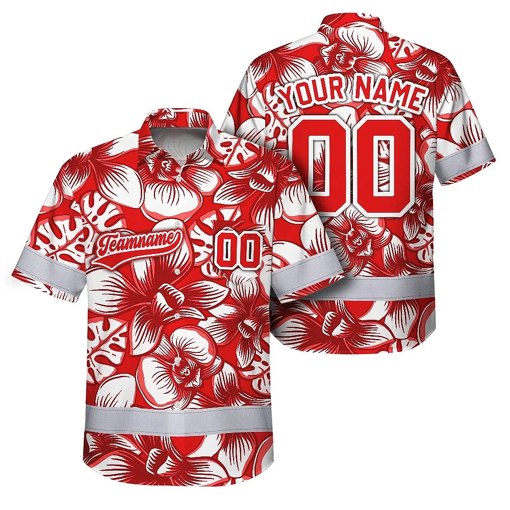 Hi Vis Team Hawaiian Shirt Reflective Tapes Red White Orchid Custom Name And Number Safety Workwear For Baseball Team Workers, Truckers, Operators