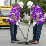 Hi Vis Team Hawaiian Shirt Reflective Tapes Violet White Flower Custom Name And Number Safety Workwear For Baseball Team Workers, Truckers, Operators