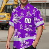 Hi Vis Team Hawaiian Shirt Reflective Tapes Violet White Flower Custom Name And Number Safety Workwear For Baseball Team Workers, Truckers, Operators
