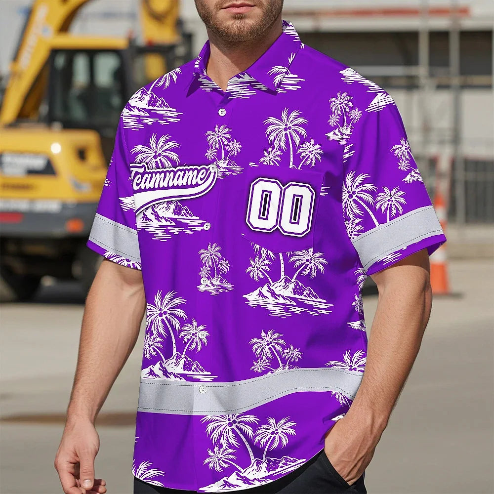Hi Vis Team Hawaiian Shirt Reflective Tapes Violet White Flower Custom Name And Number Safety Workwear For Baseball Team Workers, Truckers, Operators