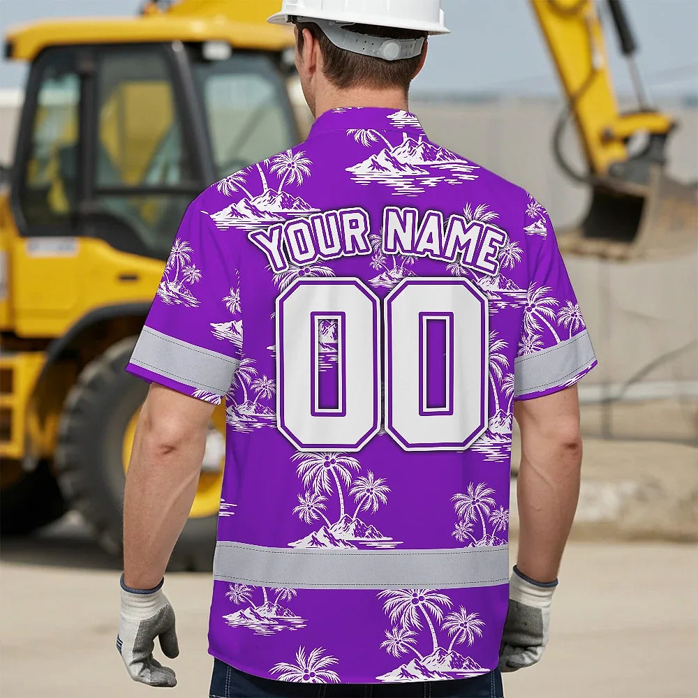 Hi Vis Team Hawaiian Shirt Reflective Tapes Violet White Flower Custom Name And Number Safety Workwear For Baseball Team Workers, Truckers, Operators