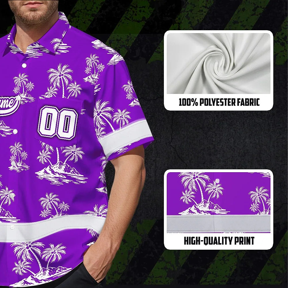 Hi Vis Team Hawaiian Shirt Reflective Tapes Violet White Flower Custom Name And Number Safety Workwear For Baseball Team Workers, Truckers, Operators