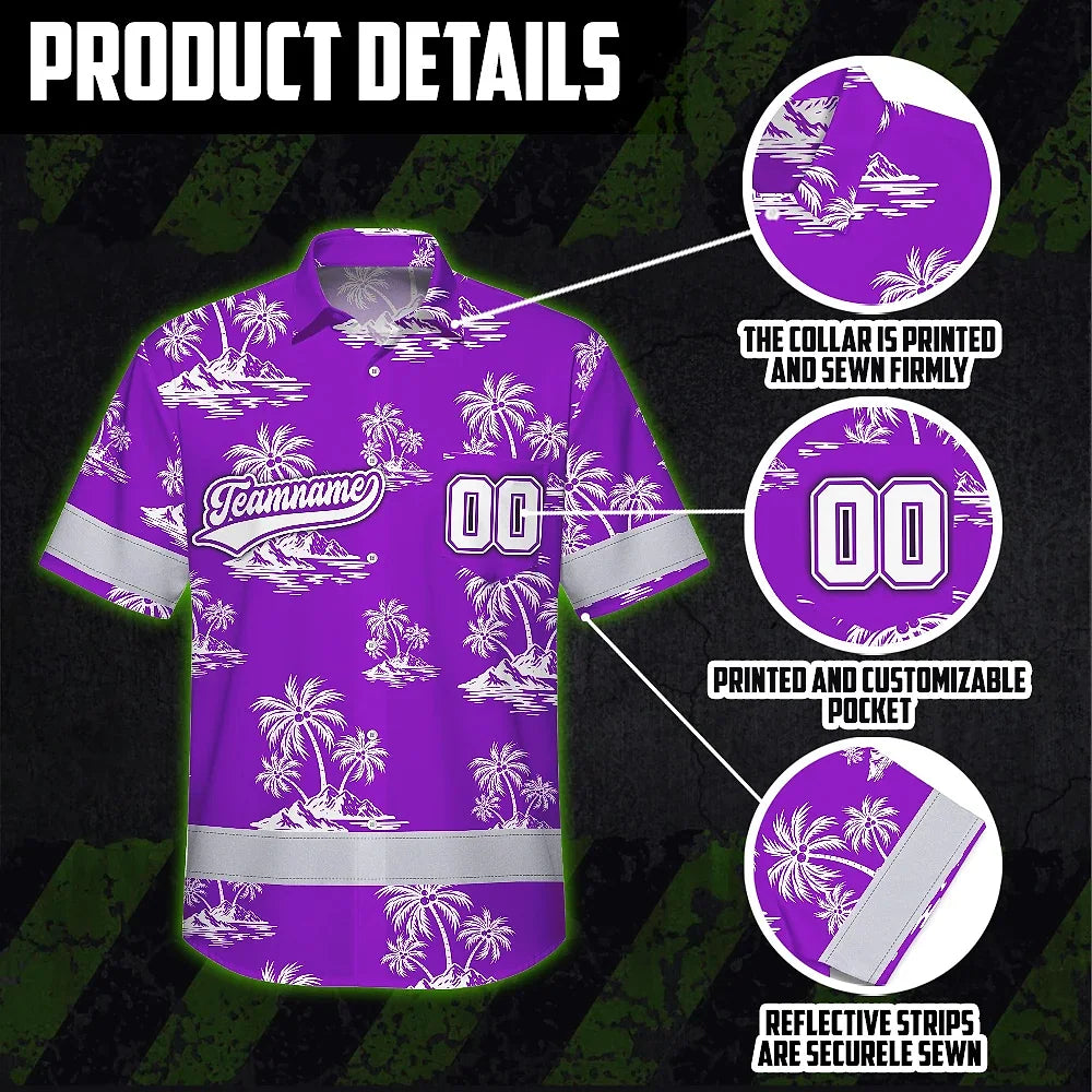 Hi Vis Team Hawaiian Shirt Reflective Tapes Violet White Flower Custom Name And Number Safety Workwear For Baseball Team Workers, Truckers, Operators