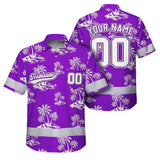 Hi Vis Team Hawaiian Shirt Reflective Tapes Violet White Flower Custom Name And Number Safety Workwear For Baseball Team Workers, Truckers, Operators