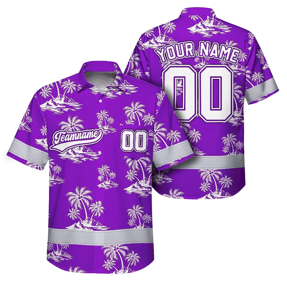 Hi Vis Team Hawaiian Shirt Reflective Tapes Violet White Flower Custom Name And Number Safety Workwear For Baseball Team Workers, Truckers, Operators