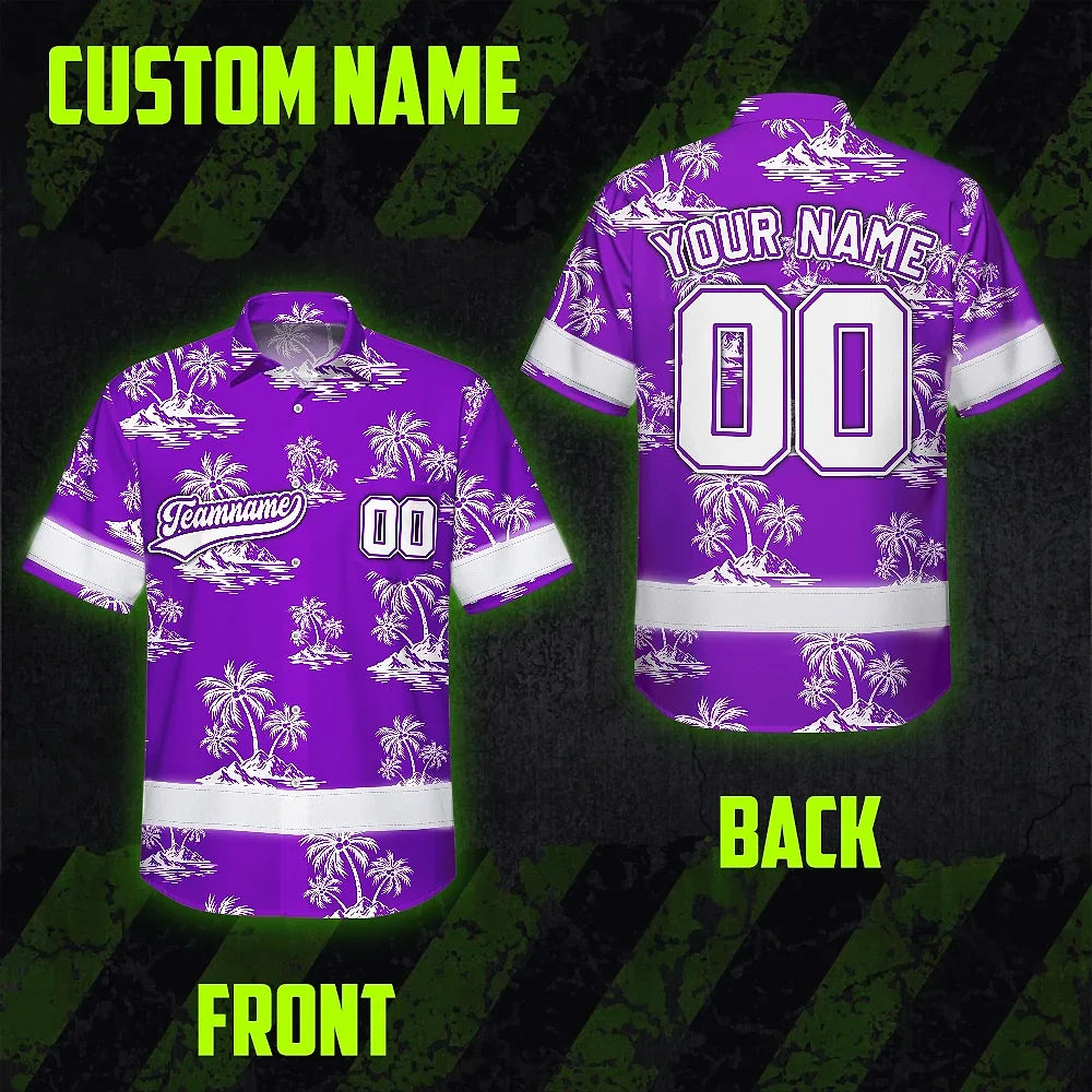 Hi Vis Team Hawaiian Shirt Reflective Tapes Violet White Flower Custom Name And Number Safety Workwear For Baseball Team Workers, Truckers, Operators