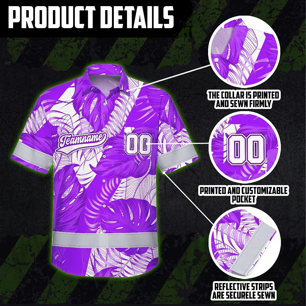 Hi Vis Team Hawaiian Shirt Reflective Tapes Violet White Leaf Custom Name And Number Safety Workwear For Baseball Team Workers, Truckers, Operators