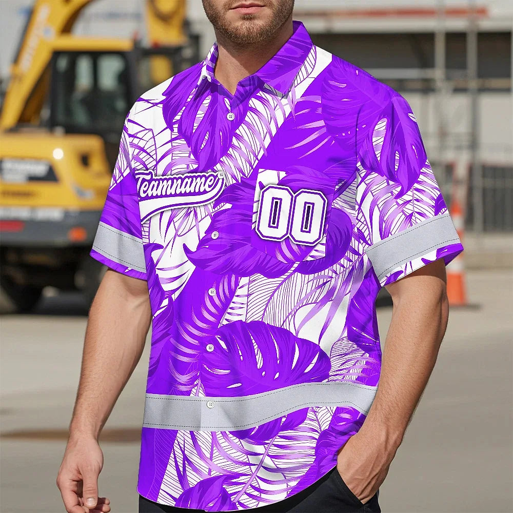 Hi Vis Team Hawaiian Shirt Reflective Tapes Violet White Leaf Custom Name And Number Safety Workwear For Baseball Team Workers, Truckers, Operators
